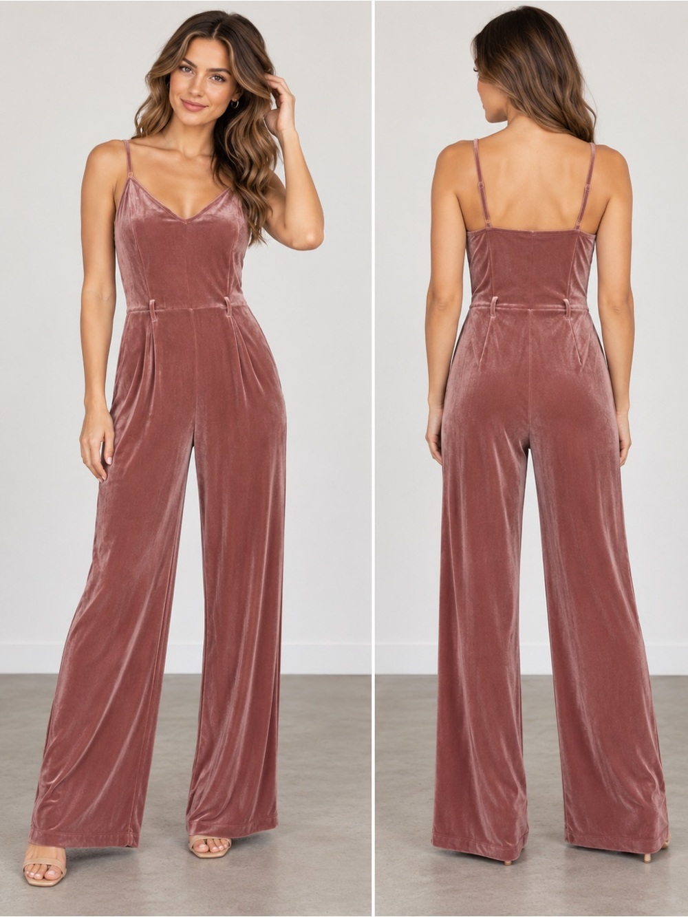 Forever 21 Dusty Rose Velvet V-Neck Wide-Leg Jumpsuit Size L Y2K Wedding